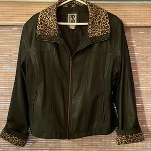 CS Signature waterproof jacket Black with leopard collar and cuffs. Size XL